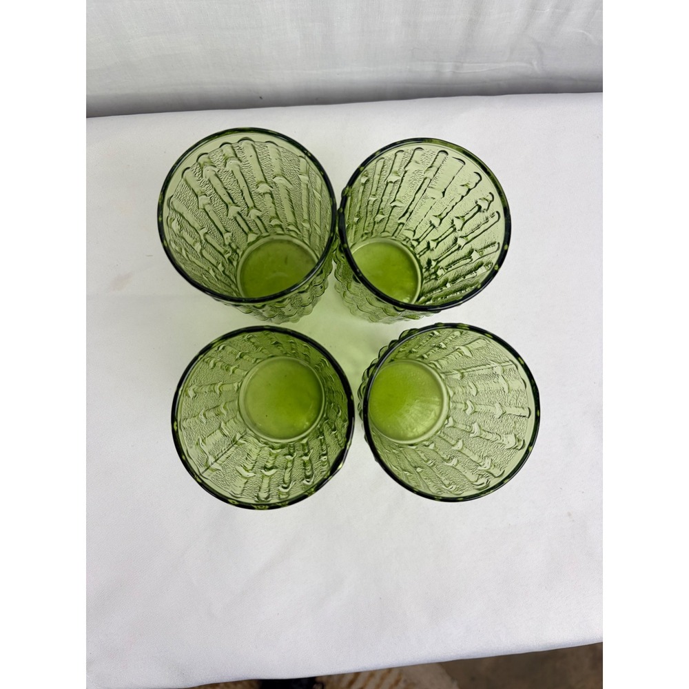 Vintage Avocado Green Bamboo Textured‎ Glass Tumblers Set of 4 MCM Juice - Picture 4 of 5